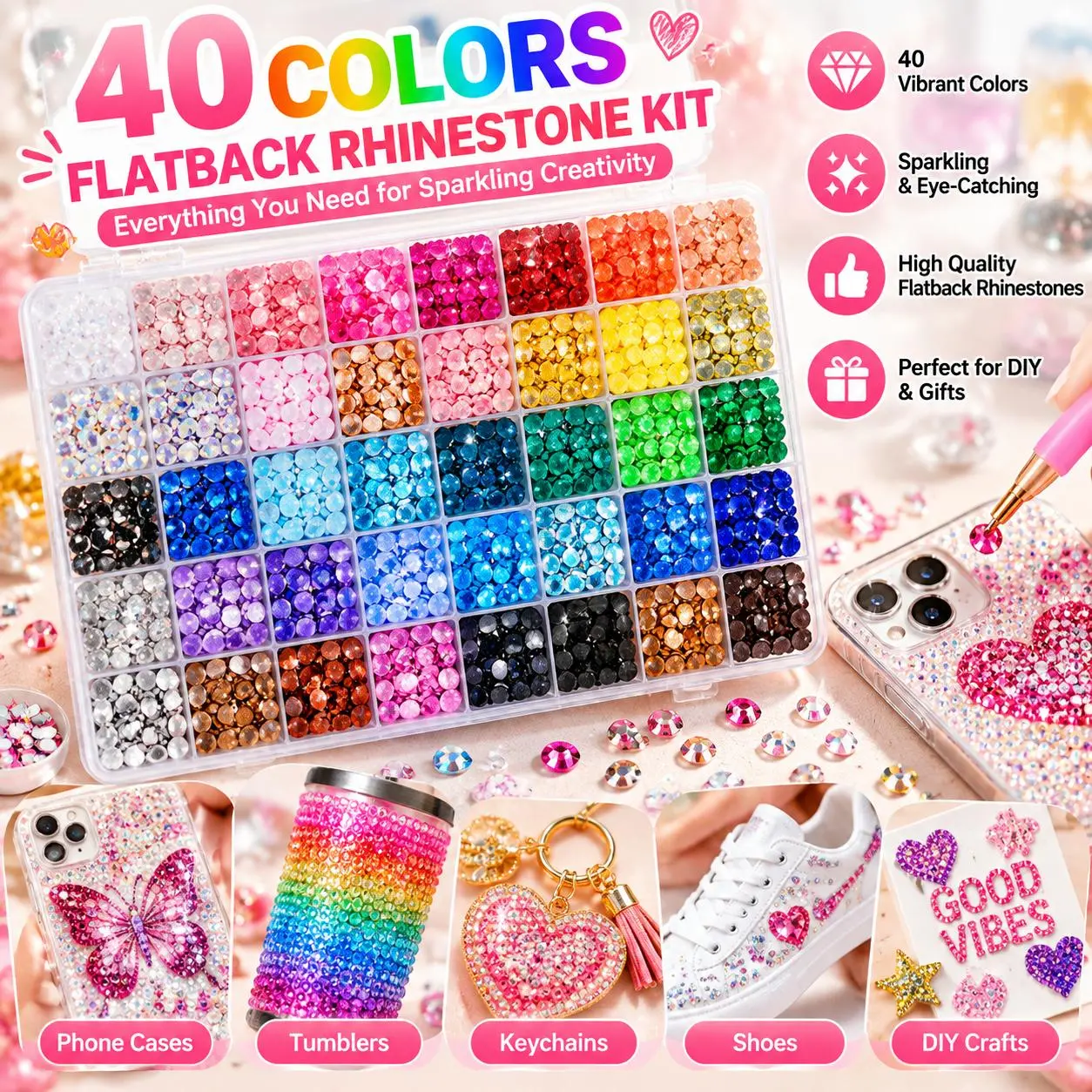 32,000PCS 40-Colors 3mm Flatback Rhinestones Kit, Sparkly Crystal Gems for DIY Crafts, Nail Art, Tumblers, Phone Cases, Shoes, Clothes & Jewelry Making
