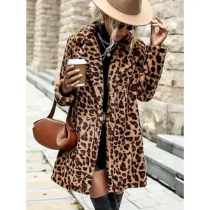 Leopard Print Open Front Fuzzy Coat Fall Winter Cloth For Women