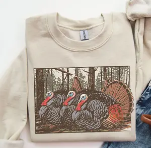 Wild Turkey Hunting Vintage Crewneck Sweater, Three Turkey Birds Forest Scene Graphic Tee, Spring Hunting Shirt Gifts for Hunters