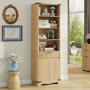 Vabches Fluted Bookcase with Doors and Drawer, Modern Farmhouse 70.47'' Tall Narrow Bookshelf with Storage, Wooden Floor Standing 6 Shelf Display Book Shelf Organizer for Home Office, Living Room