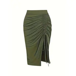 Elegant Dark Blue Midi Skirt with Sexy Drawstring Ruched Detail - High-Waisted, Asymmetrical Hem, Stretchy Polyester Blend, Machine Washable - Perfect for Summer Fit Fabric Womenswear Bottom