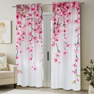 Spring Cherry Blossom Print Curtains Set, Fashionable Rod Pocket Window Drapes for Bedroom & Living Room, Easy Installation