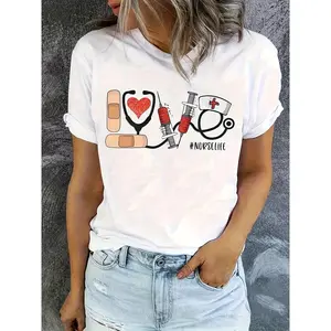 Nurse Letter Print Short-Sleeve T-Shirt, Casual Round-Neck Top for Spring And Summer, Trendy Women'S Clothing