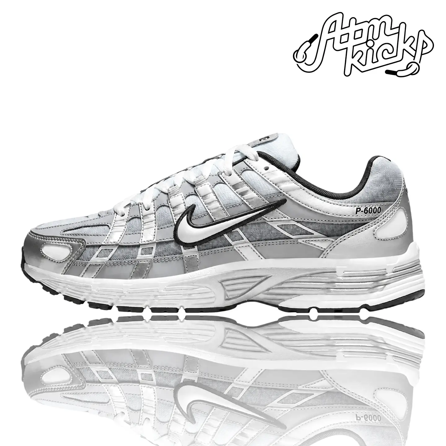 Men's Nike P-6000 Casual Lace-Up Walking Shoes, Metallic Silver-Summit White-Wolf Grey, Logo Accent, Authentic Comfortable Trainer Footwear, Trending Fashion Gift (IH4465-095)