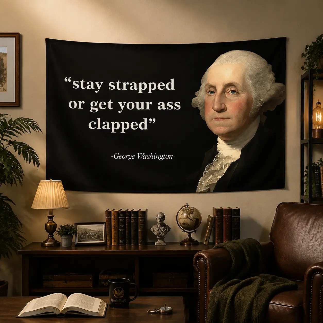 Washington Stay Strapped or Get Clapped Flag Tapestry for Wall Hanging Decor in Man Cave and Bedrooms Home Decoration Gift