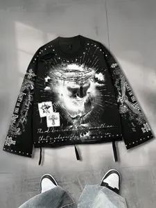 Jesus print long sleeved T-shirt, flared sleeved, Casual loose fit, spring and autumn, unisex, European and American trendy street retro round neck geometric aesthetics 2026 new item