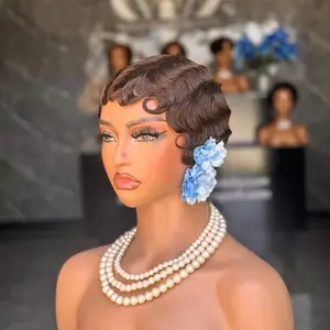 ShowRealHair 9012 Finger Wave Wigs Short Curly Wavy Pixie Cut Wigs For Black Women Finger Wig Remy Human Hair Glueless Wig No Lace Wigs for Black Women#SummerVibes