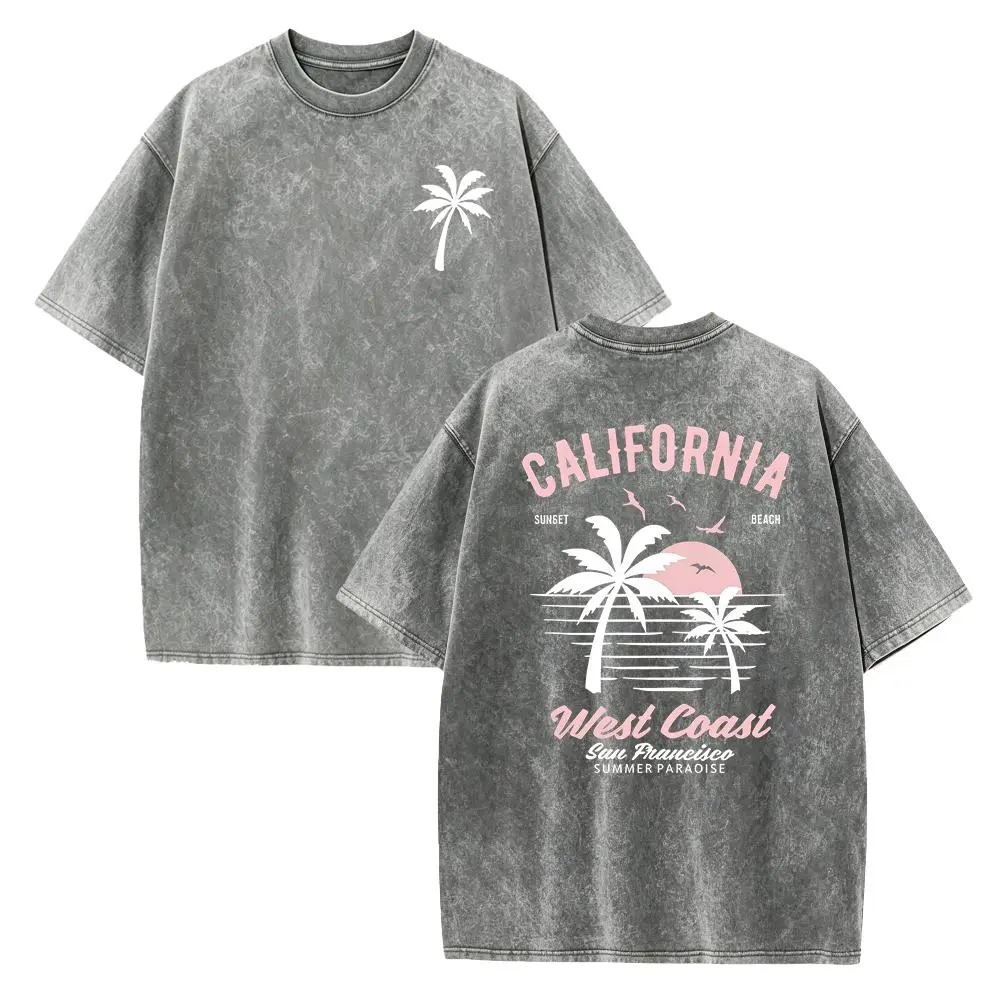 Washed Cotton California Graphic Tee – 250g Soft Vintage Surf Beach Tee with Palm Trees & Retro Print, Loose Fit Summer Casual Shirt for Men Women, Unisex Machine Washable