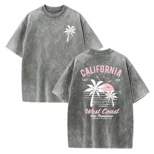 Washed Cotton California Graphic Tee – 250g Soft Vintage Surf Beach Tee with Palm Trees & Retro Print, Loose Fit Summer Casual Shirt for Men Women, Unisex Machine Washable