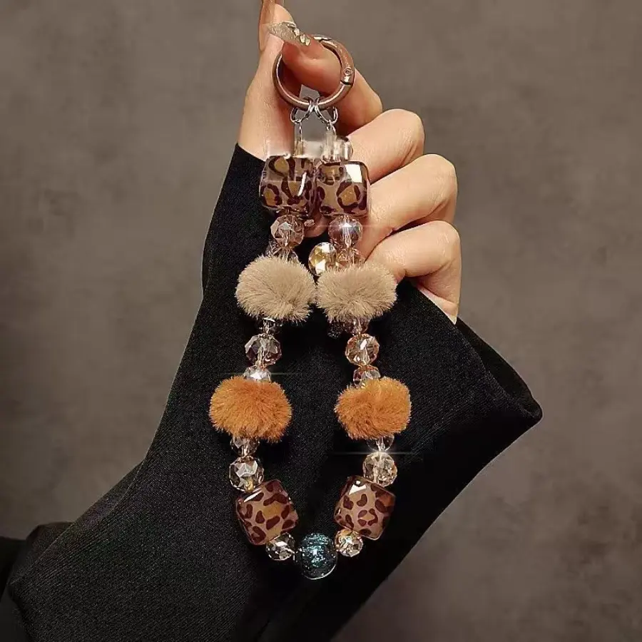 Leopard Print Sparkle Square Phone Chain, Niche Maillard Crystal Beaded Phone Lanyard, Wrist Chain, Exquisite & Stylish Pendant, Phone Case Hanging Chain, Anti-Lost Bag Charm, Phone Wrist Strap, Phone Accessories