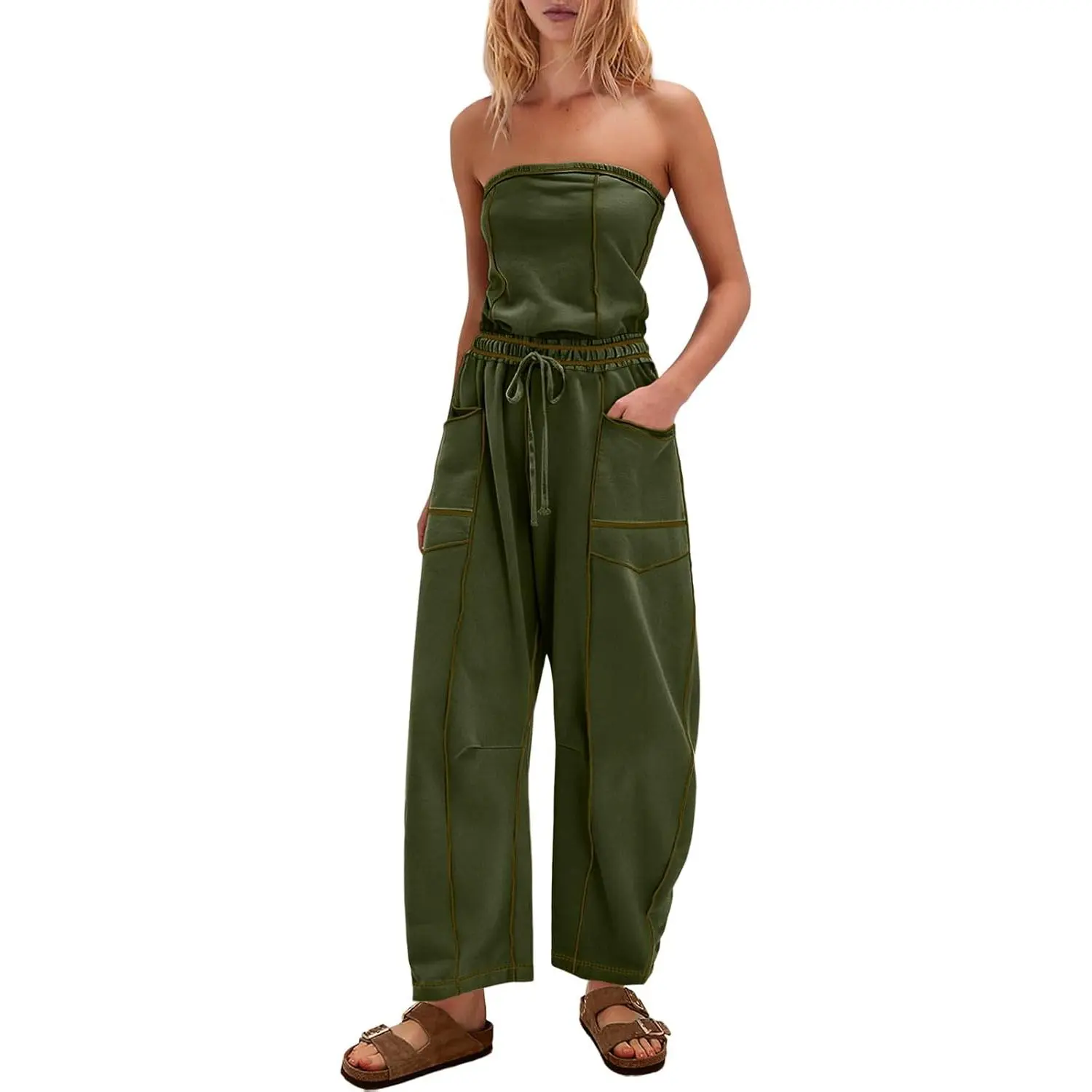 Womens Strapless Jumpsuits Off the Shoulder Tube Top barrel Overalls Loose Fit Romper with Pockets One Piece Outfits