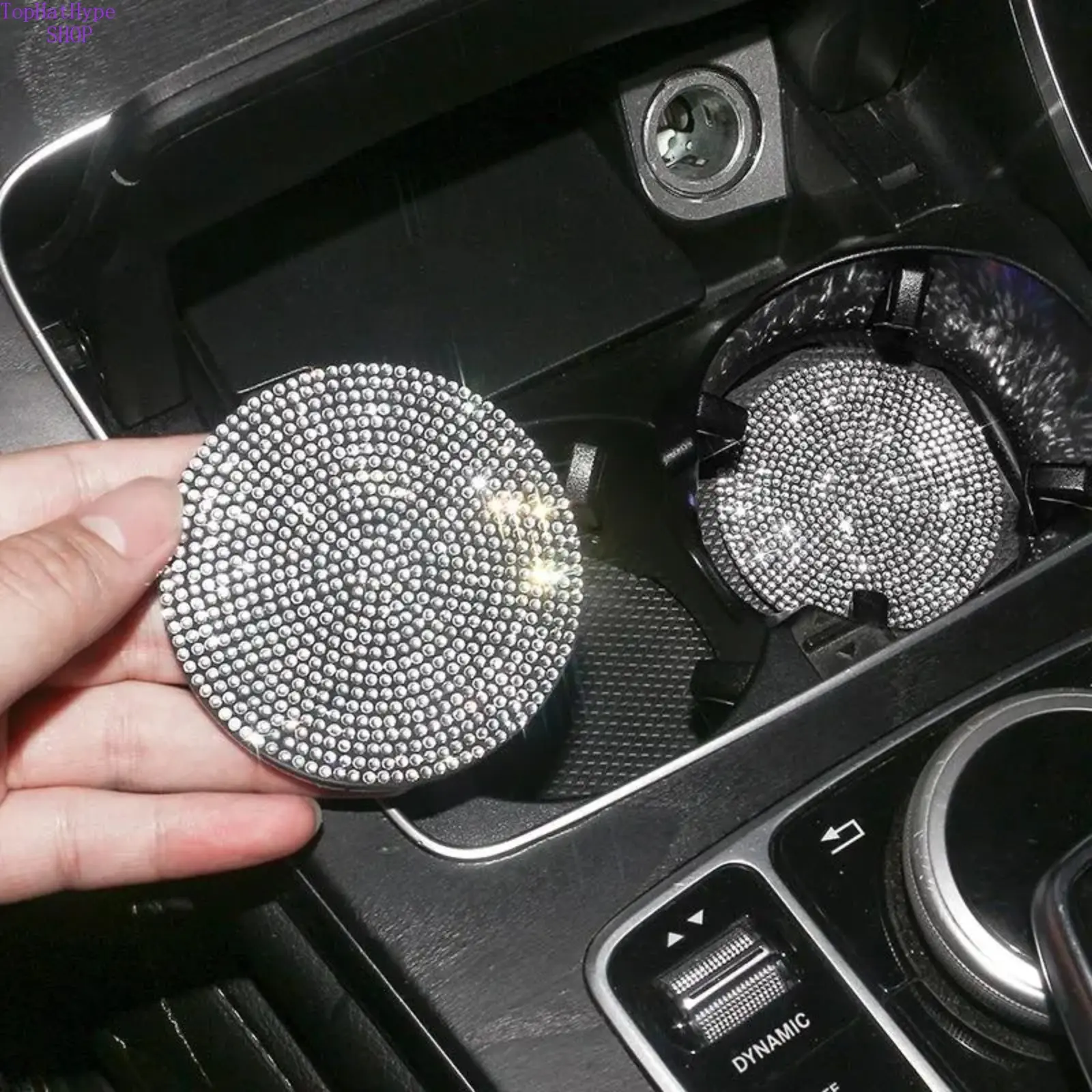 2pc-Rhinestone Decor Car Coaster, Anti-Slip Car Cup Holder Pad, Bling Sparkling Vehicle Insert Mat, Universal Waterproof Car Interior Decoration, Stylish Auto Accessories for Women & Men, Easy Clean Cute Car Decor Gift