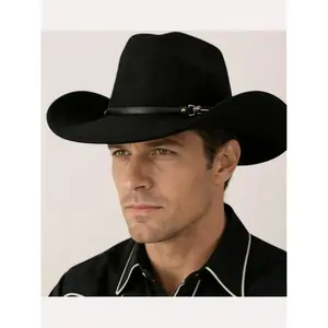 Classic Black Felt Cowboy Hat with Bold Metal Horsebit Wide-Brim for Western Parties Music Festivals Cosplay and Outdoor Adventures