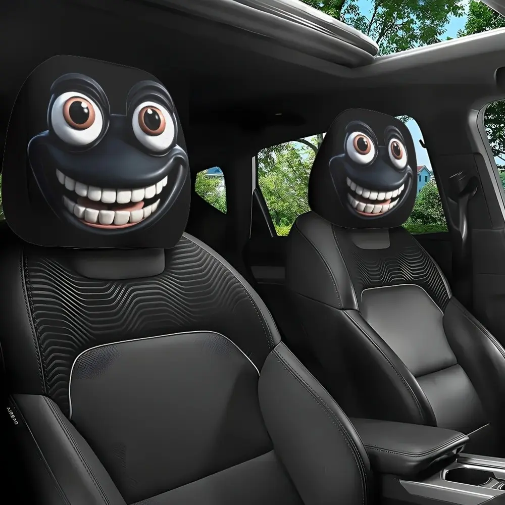 Cartoon Car Headrest Covers, Big-Eye Animal Print Design, Funny Auto Accessories, Perfect for Halloween & Christmas Gifts
