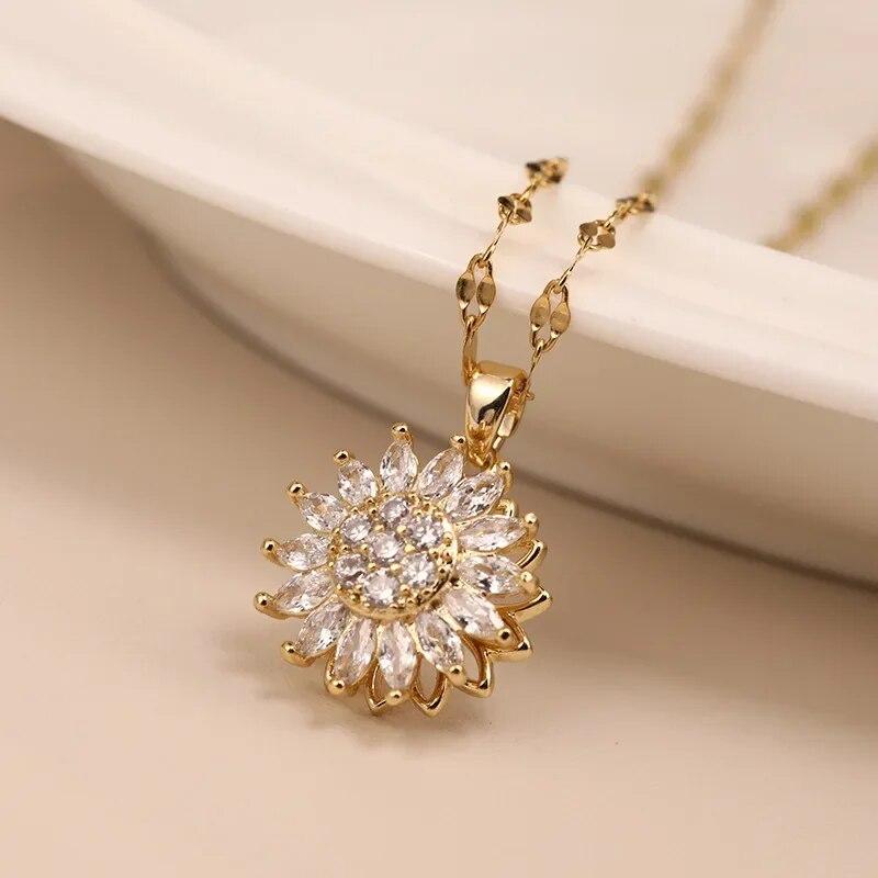 Classic Sunflower Cubic Zirconia Pendant Necklaces For Women Gold Color Alloy Rotate Necklace Elegant Jewelry