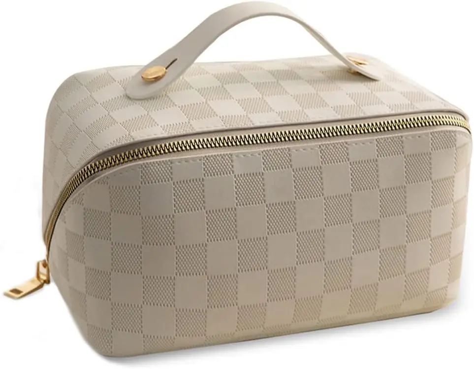 Large Capacity Travel  Bag Plaid Checkered Makeup Bag Portable Leather  Skincare Bag with Handle and Divider for Women 01-White