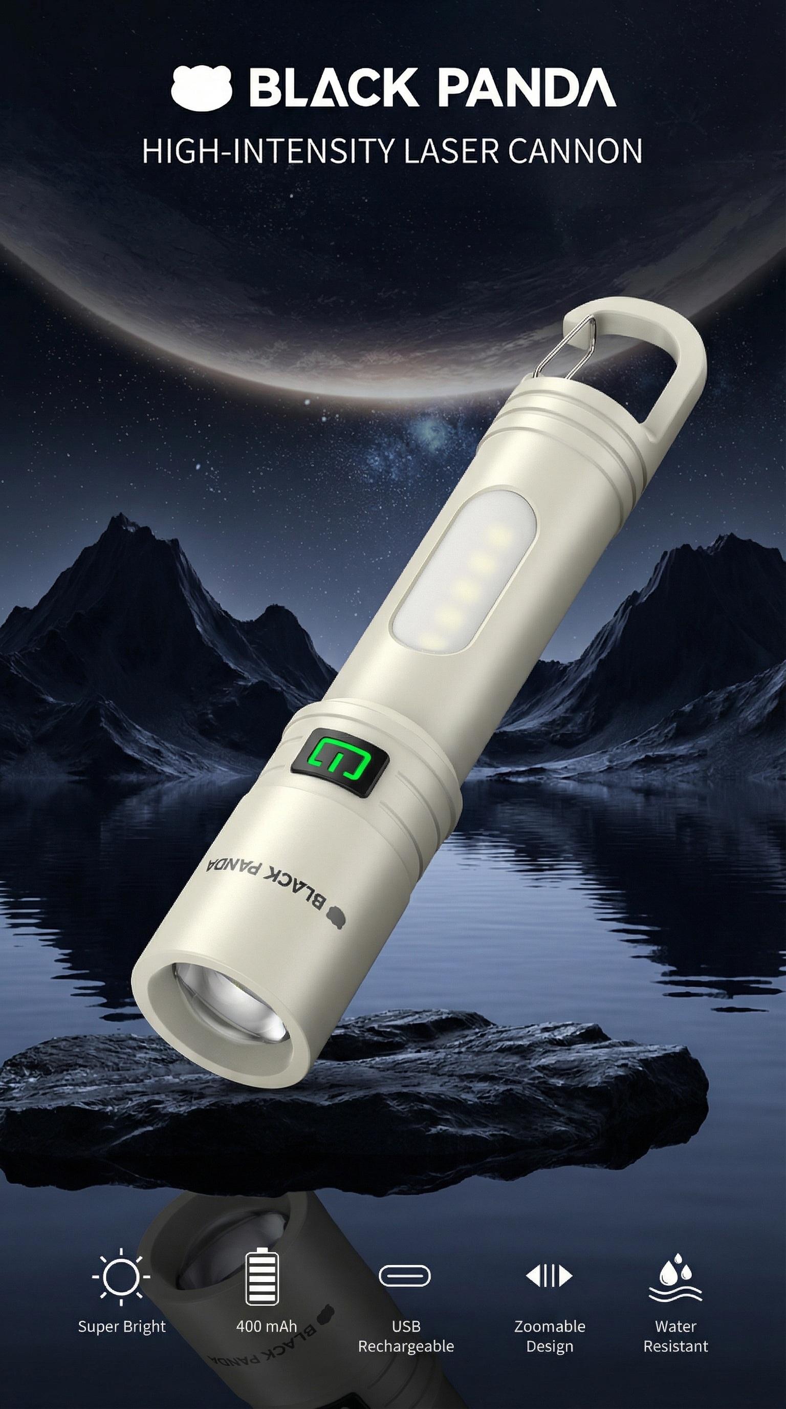 Black Panda Portable Flashlight with Hook Built-in Tail Hanger COB Side Light  Max 500 Lumens TYPE-C Quick Charge Perfect Companion for Hiking and Camping