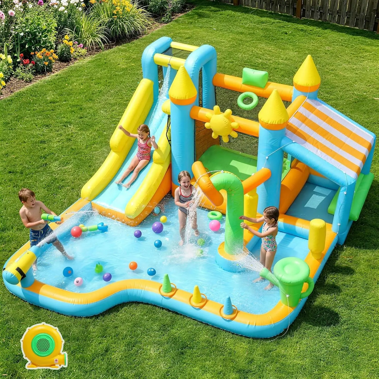JOYMOR Kids' Inflatable Bounce House with Slide and Flower Sprinkler, for 3-8 years Old Outdoor Playground Equipment
