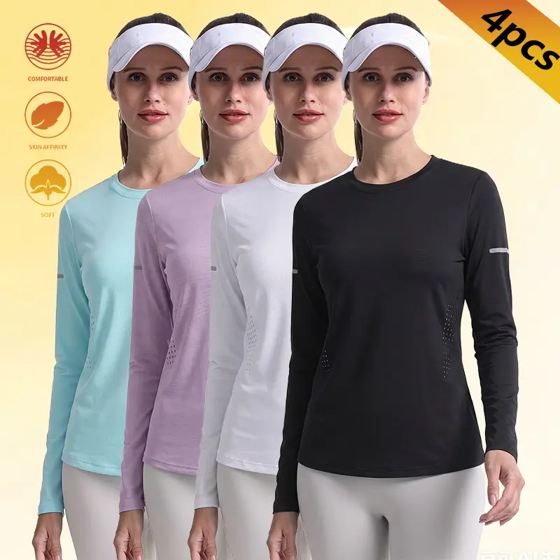 Clean Gent 4-Pack Women’s Quick-Dry Breathable Sun-Protective Long-Sleeve Sports T-Shirts, Moisture-Wicking Athletic Tops, Suitable for Fitness, Running, and Everyday Wear