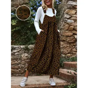 Plus size women's corduroy leopard print dress, loose backless lace up dress, casual and fashionable, comfortable and fashionableRAIMENTRY