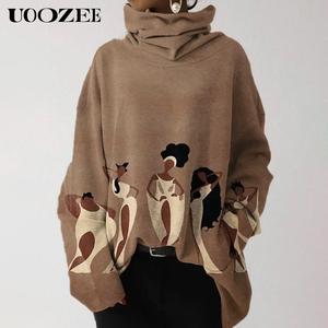 UOOZEE Women's Oversized Printed Spandex Hoodie Pullover Top - 2025 Autumn New, High-Stretch Mock Neck Long Sleeves, Loose Comfortable Fit, Plus Size Fashion Curvy Clothing, Casual Hoodies for Women for Autumn Winter Outdoor Use