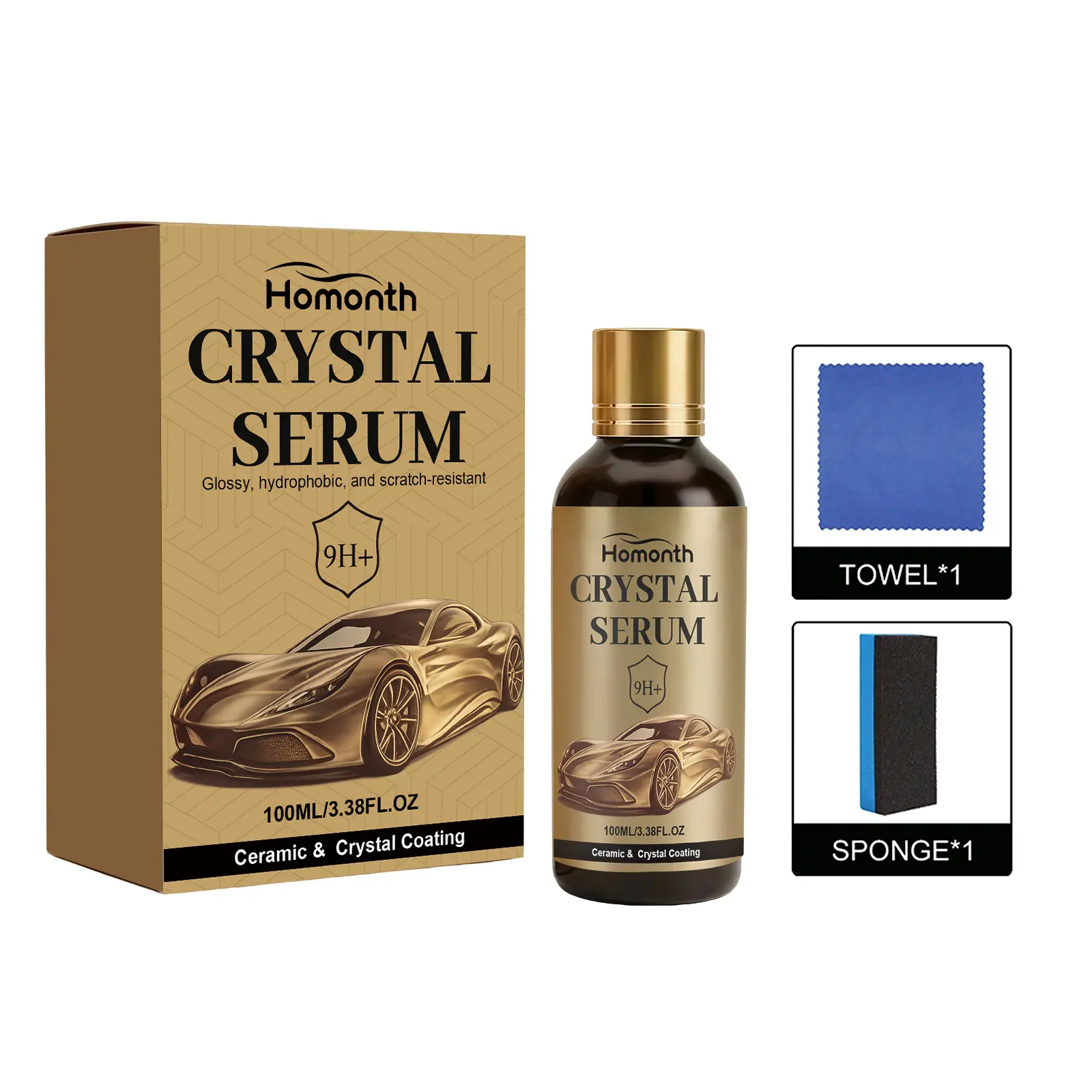 Homonth Crystal Serum Ceramic Coating Kit 100ml for Mid-Size Vehicles Glossy Hydrophobic Scratch-Resistant 9H+ Protection