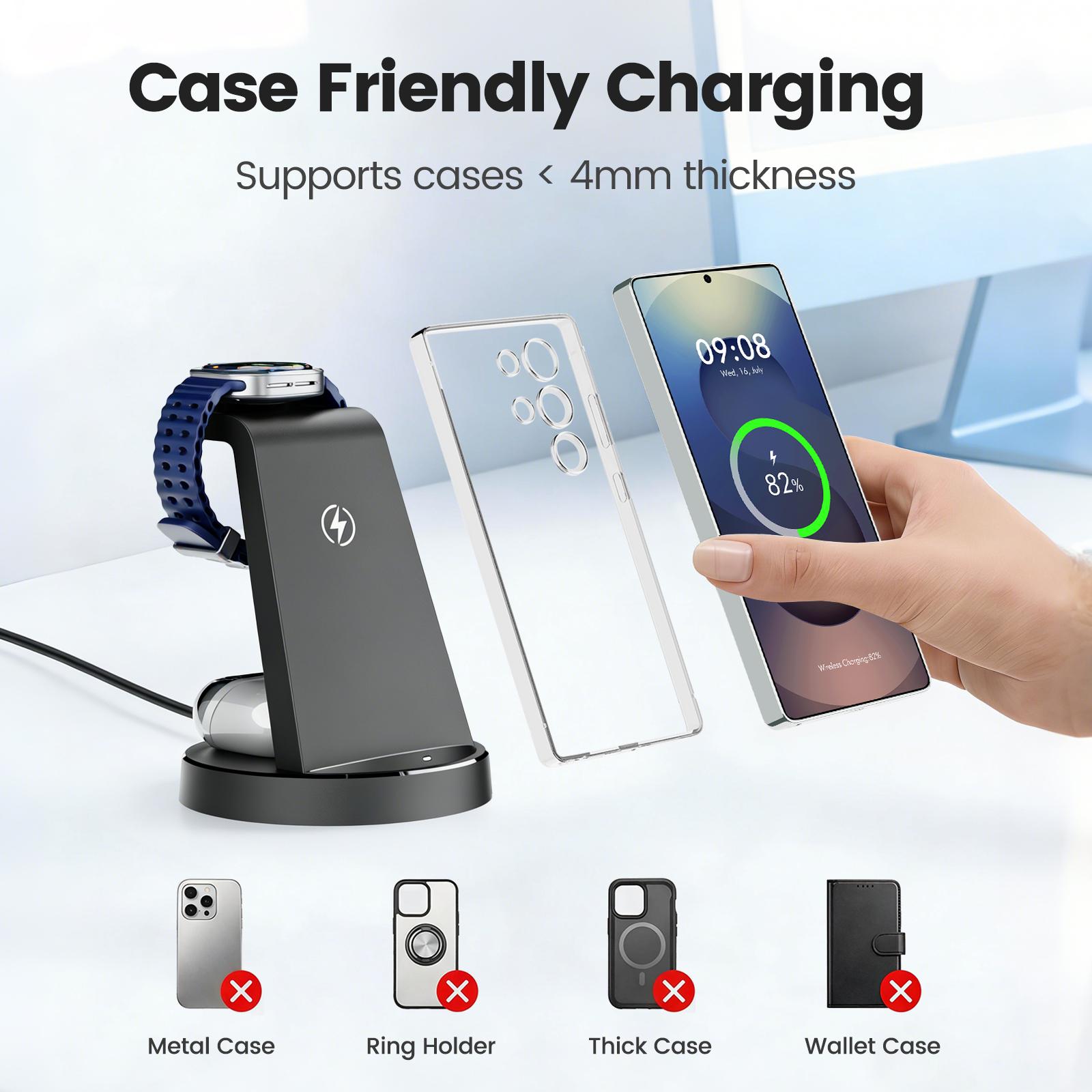 3 in 1 Wireless Charging Station for iPhone, 15W Wireless Charger for iPhone 17 16e 16 15 14 13 12 11 X Pro Max & Apple Watch - Wireless Charging Station for AirPods 4 3 Pro