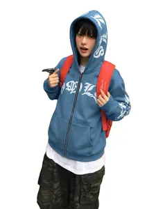 Women's Zipper Hoodie with Gothic-Style Letter Pattern Print & Attached Hood Foamed Print Metal Zipper Outdoor Wear Casual Womenswear