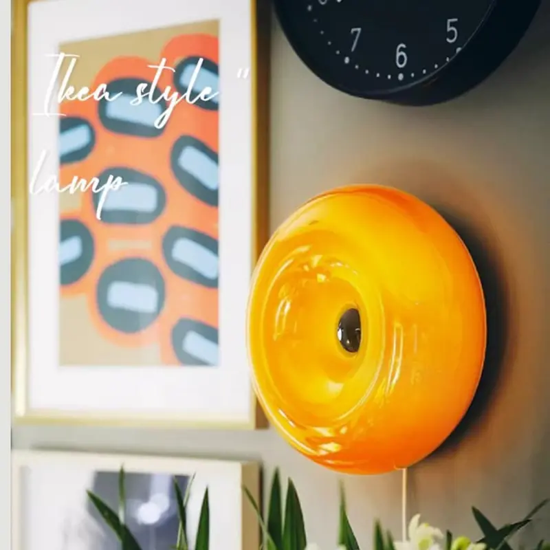 Mid-Century Modern Smart Plug-in Wall Sconce - Donut-Shaped Indoor Night Light with Orange Acrylic Shade, Funky Decorative Gentle Lamp Home Accessory for Bedroom Reading Corner Ambient Lighting