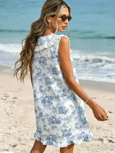 Women's Blue Print Short Dress, Sleeveless Button Design & Lace Patchwork, Elegant Aesthetic Fashion for Spring Summer Vacation, Casual Wear