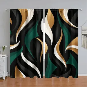 2Pcs Modern Abstract Swirl Pattern Curtains, Gold Black Green White Gradient Design, Pole Pocket Style, Semi Sunshade Polyester Fiber, Home Textile, Suitable for Home Living Room, Bedroom, Balcony, Kitchen, Study and Shower Window Decoration, Accessory