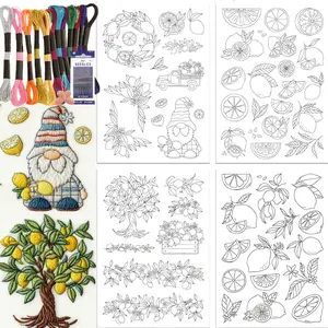 4 Sheets Lemon DIY Water-Soluble Embroidery Stickers, Pre-Printed Soluble Floral Embroidery Fruit Embroidery Patterns, Non-Woven Self-Adhesive Pattern For Embroidery, Embroidery Kit