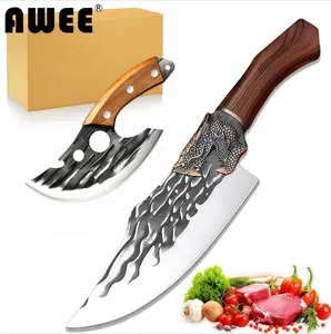 Longquan Forged Cleaver Set 11.2in Handmade Boning Knife, Viking Japanese Chef Knife for Home Camping BBQ, Perfect Father's Day Gift