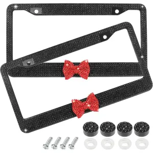 License Plate Frame,Cute Car Accessories Stainless Steel Crystal Car Plate Covers,Shiny Rhinestones Premium License Plate Holder with Mounting Bolts,License Plate Frames (Black&Red)