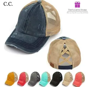 C.C Distressed Mesh Criss Cross High Ponytail Cap - Messy Bun Cap- High Ponytail Ball Cap- Cross Banded Baseball Cap