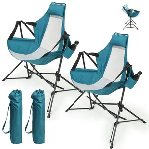 Hammock Camping Chairs Set of 2- Portable Swinging Chair for Adults with Stand and Storage Bag, Oversized Folding Rocking for Lawn Camp Fishing Hiking, Blue foldable swing chair