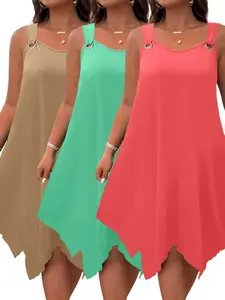 Women's Spring Summer Sleeveless Dress Set, Casual Loose Fit Plain Design Style, Irregular Hemline, Daily Wear, Casual Classy Dress, 3 Pieces