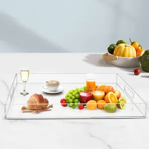 Clear Sturdy Acrylic Serving Tray, 18.9 x 18.9 inch Clear Sturdy Acrylic Square Tray Clear Square Serving Tray with Handles Spill Proof Square Decorative Tray for Coffee Table, Bathroom, Vanity Plates Stylish Transparent