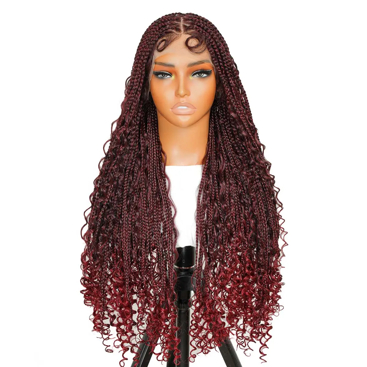 SuperNova #T1B/Bug Bohemian Braided Wigs | Knotless Goddess Locs with Curly Ends | Boho Box Braid Wig in Burgundy Red | Full Lace Triangle Synthetic Braided Wigs for Women | Natural Look with Baby Hair, Comfortable & Stylish #SummerVibes
