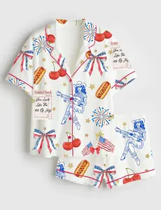 Women's Patriotic Coquette 2-Piece Polyester Pajama Set - 4th of July Print, Cherry Bow, Cowboy USA Design, Blue Stripes, Cute Aesthetic Summer Short-Sleeve Lounge Sleepwear