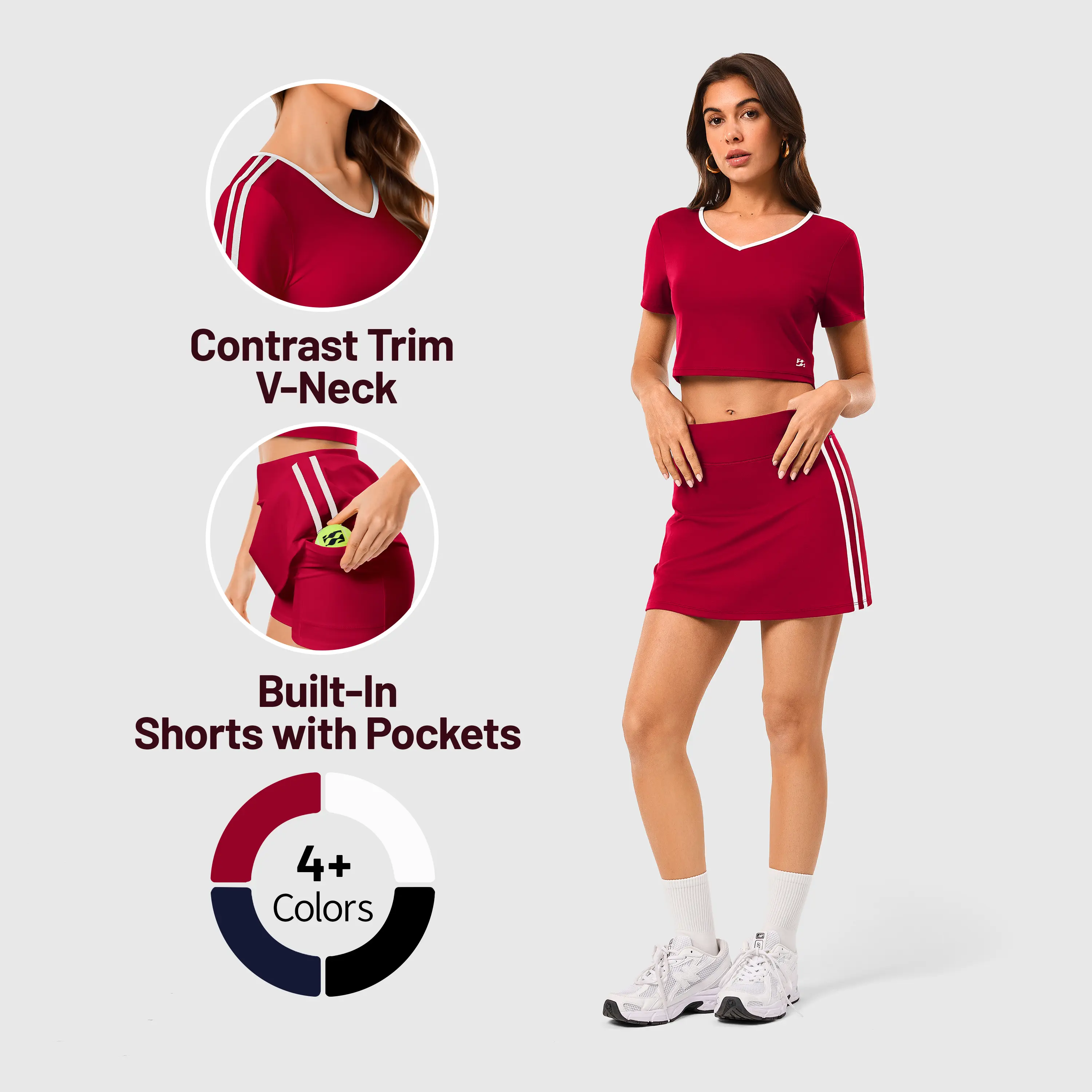 Inno Mint Women's 2-Piece Multifunctional Sportswear Set - Contrast Stripe Crop Tops, 4-Way Stretch Athletic Skort with Tummy Control, Hidden Shorts & Pockets for Tennis, Yoga, Sports Clothing, Gym Sports Set, Woman 2 Piece Set