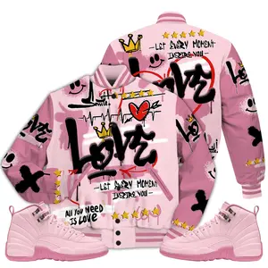 12 Retro Pearl Pink Varsity Jacket, Pearl Pink 12s Shirt, Happy Love Beats Graffiti Couples Matching Outfits Streetwear Sneaker Shirt Fabric Womenswear Athletic Casual