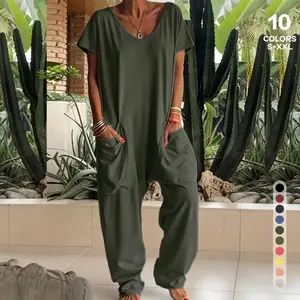 Lady's Minimalist Army Green Knit Stretch Jumpsuit - V-Neck Short-Sleeve Top with Pocket, Loose-Fit Bottom, Polyester-Spandex Slip Garments, Breathable, Comfortable, Elegant, Casual Loungewear Overalls, Beach-Ready, S-XXL, Matching Womenswear Suits & Sets
