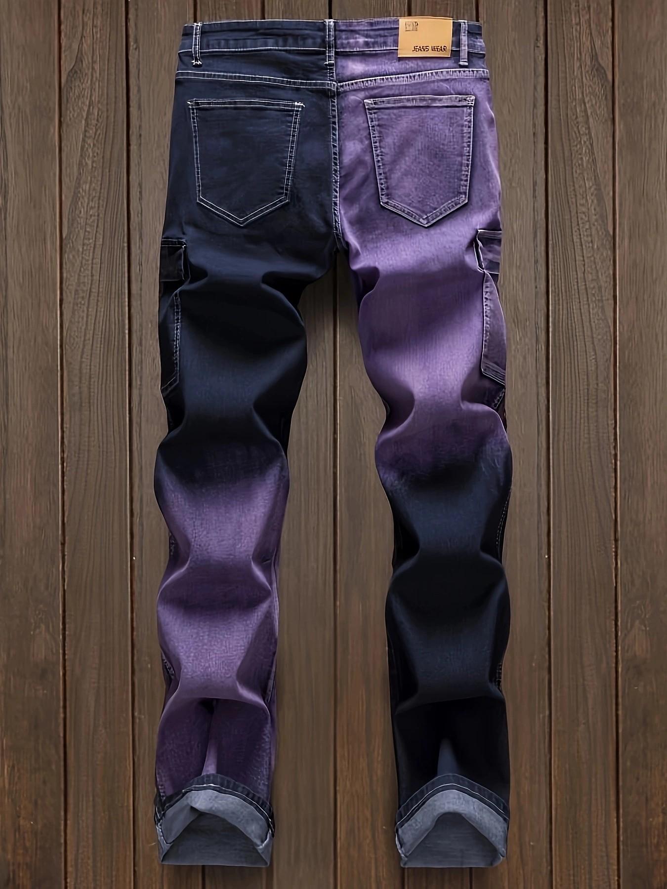 Men’s straight-leg distressed jeans with purple patchwork, European/American fashion trend