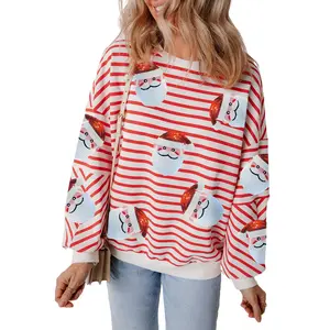 Women's Orange Stripe Sequin Santa Claus Pattern Christmas Pullover Sweatshirt