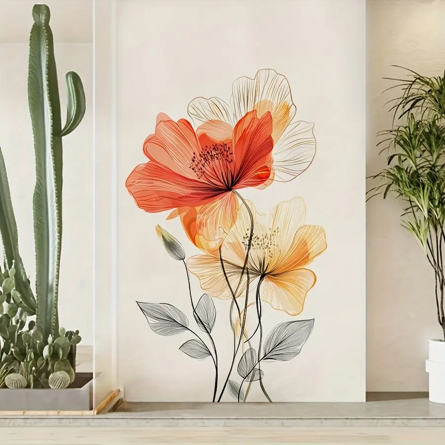 Self-Adhesive Minimalist Line Art Flower Wall Sticker, Gradient Floral Decor, Removable Wallpaper for Living Room Bedroom, Floral Pattern Sticker, Floral Wall Decals, Wall Art Stickers