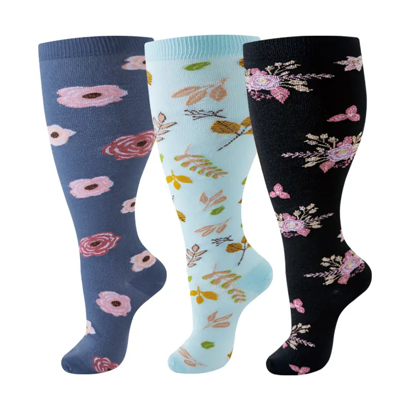Women's 3-Pair Knee-High Floral Compression Socks - Breathable Fabric Athletic Socks for Nurses, Running, Circulation Support & Daily Wear, Breathable Fabric Socks