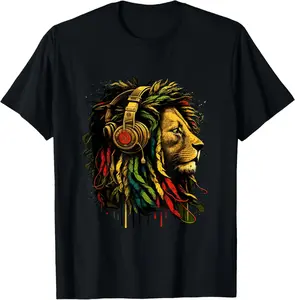 100% Cotton Rasta Reggae Music Headphones Jamaican Pride Lion Of Judah T-Shirt