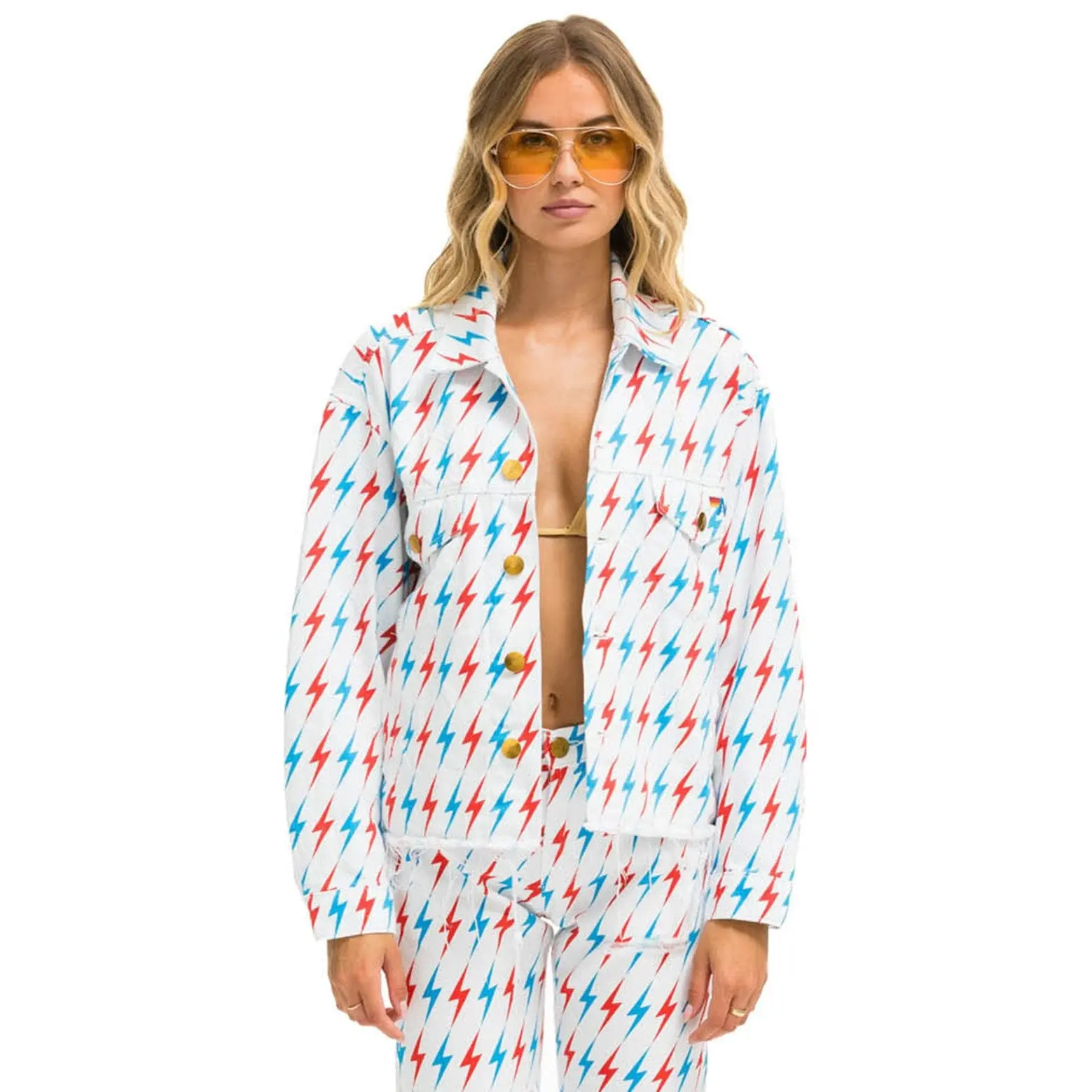 AVIATOR BOLT OVERSIZED CUTOFF DENIM JACKET - WHITE