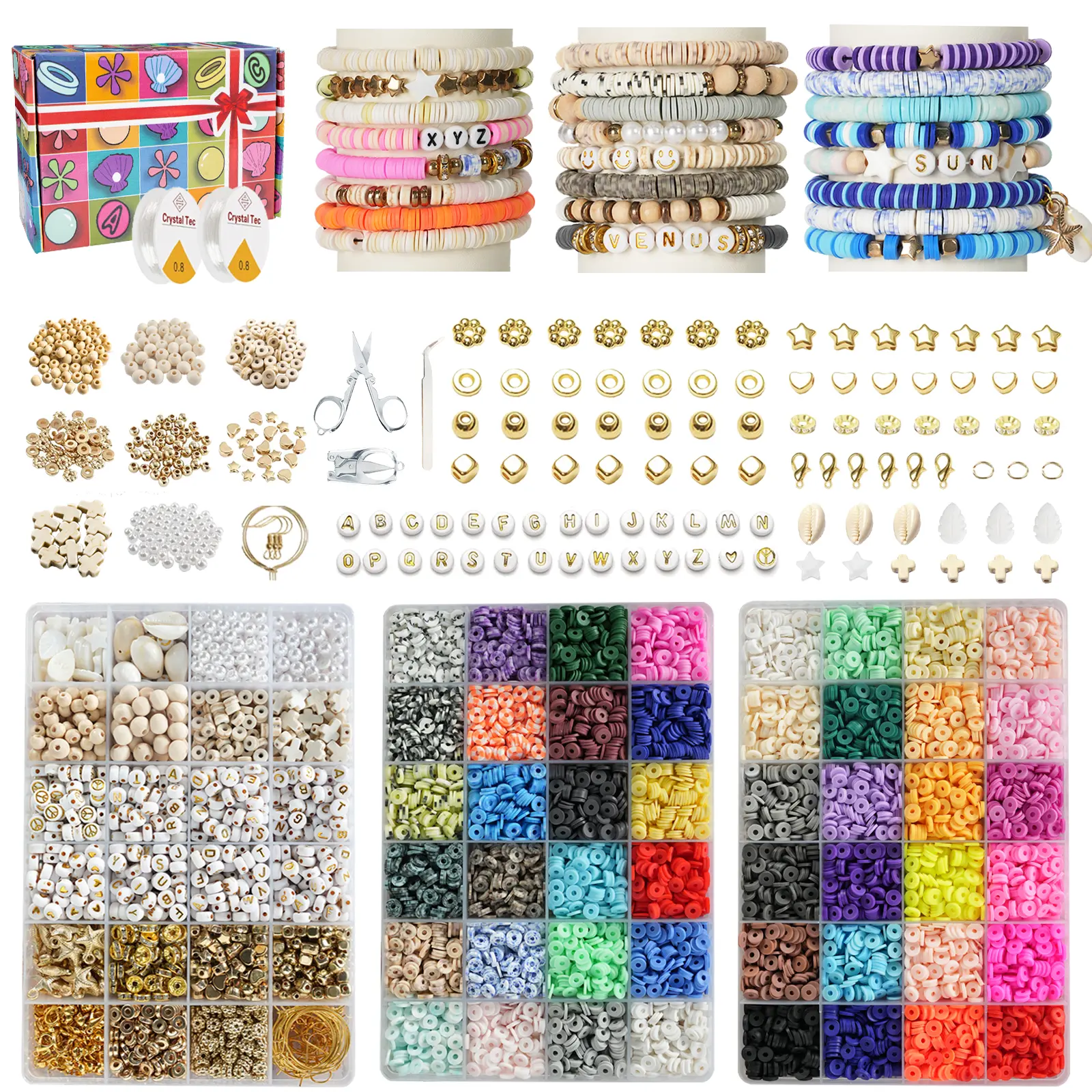 DIY Clay Beads Bracelet Making Kit - 14500 Pcs 6mm Polymer Clay Set with Letter Boxes, Morandi Mix, Block Letter & Bead Assortments, Mini Assortments & Abundant Accessories for Jewelry Crafts